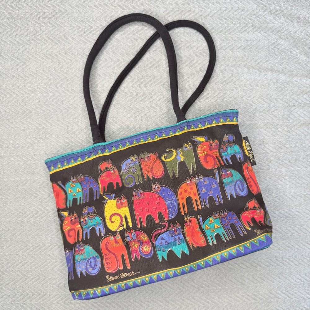 Like New! Vintage Laurel Burch vibrant multi color felines should tote